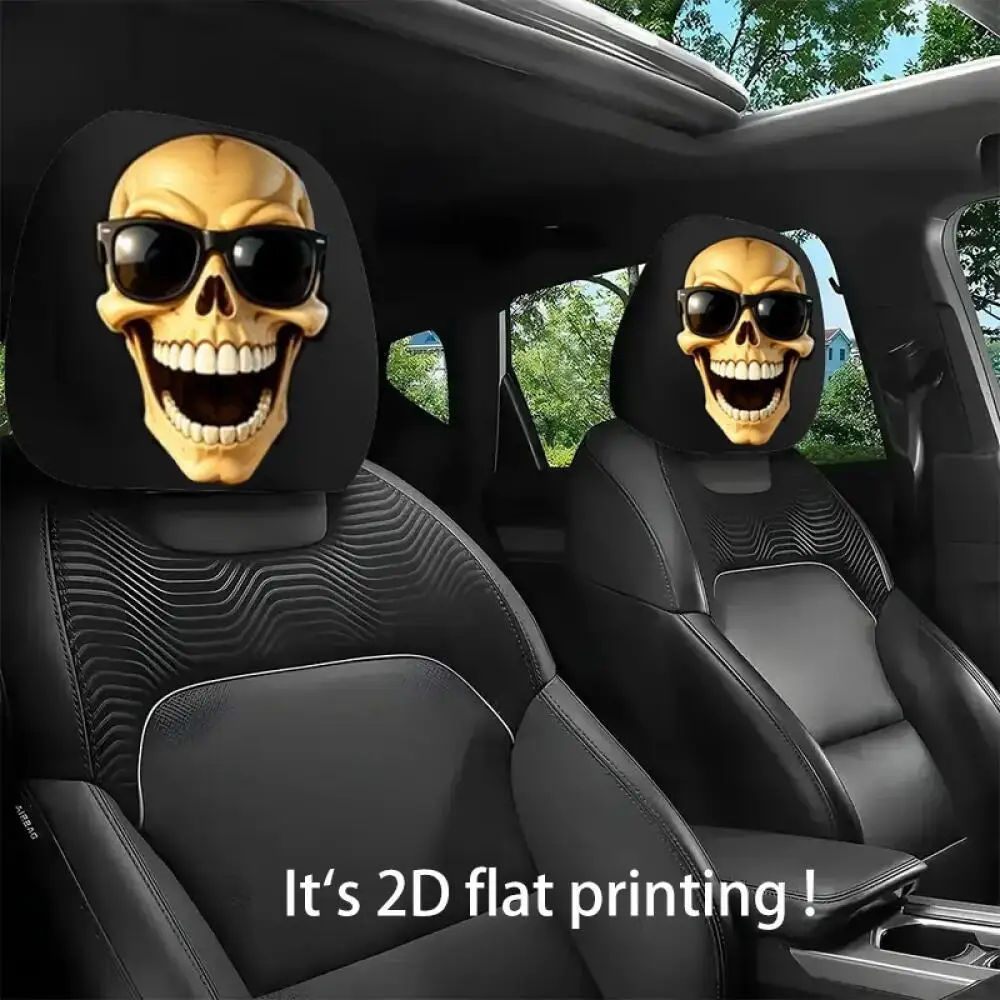 2Pcs Golden Skeleton Sunglasses Car Headrest Covers, 2D Printed, Soft and Highly Elastic, Fits Most Car Models