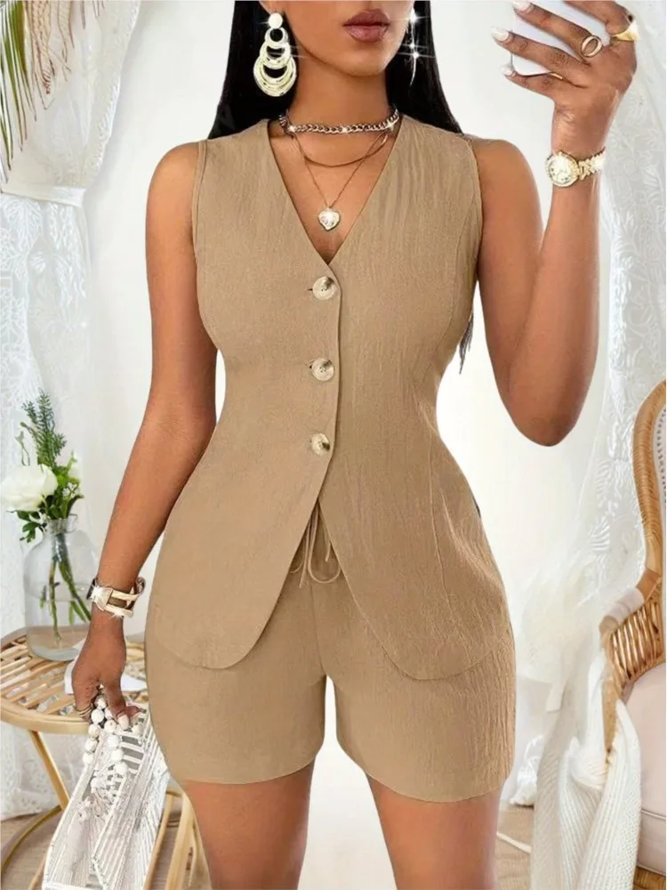 

Летний короткий брючный костюм, женская одежда, женские шорты, костюмы, однотонный комплект с v-образным вырезом, топ без рукавов + шорты