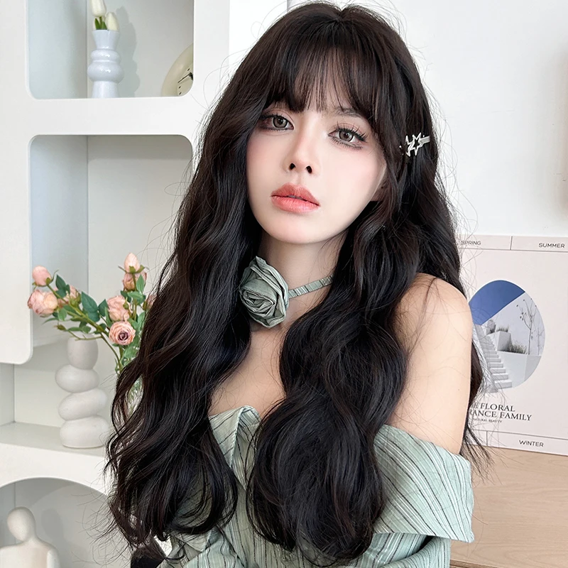 7JHH WIGS Costume Wig Synthetic Curly Wavy Dark Brown Wigs with Bangs High Density Layered Black Tea Hair Wigs Glueless Wig