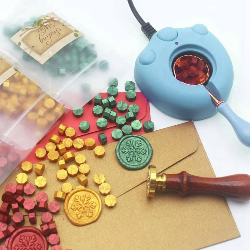 Electric Wax Seal Warmer Kit Wax Seal Melter Seal Warmer With 300 Pcs Gold Red Green Wax Seal Beads, US Plug