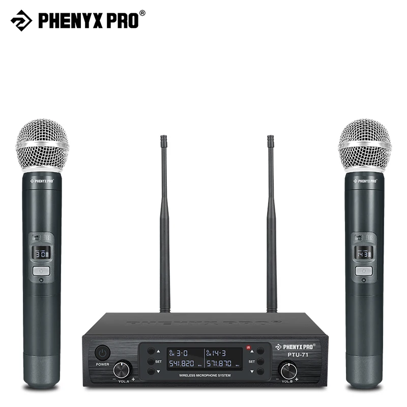 

Phenyx Pro UHF Dual Wireless Microphone System Profeesional Adjustable Sturdy Metal Build 100M For Church, Singing, Karaoke