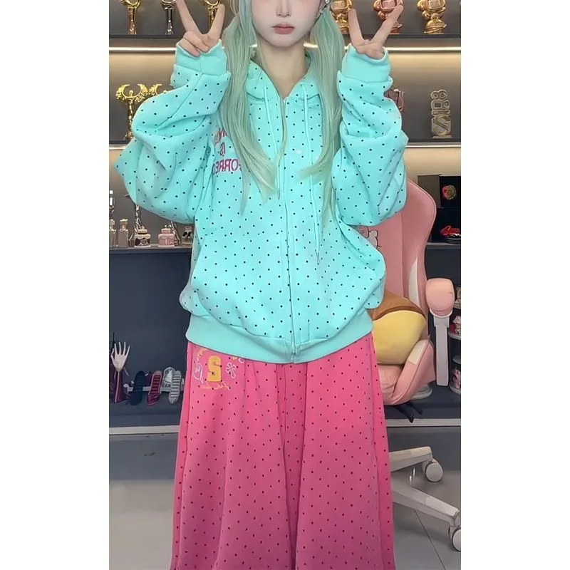 2026 New American Polka Dot Sweatshirts Spring Fashion Letter Print Hooded Y2k Sweet Loose Casual Jacket Women's Clothes Fashion