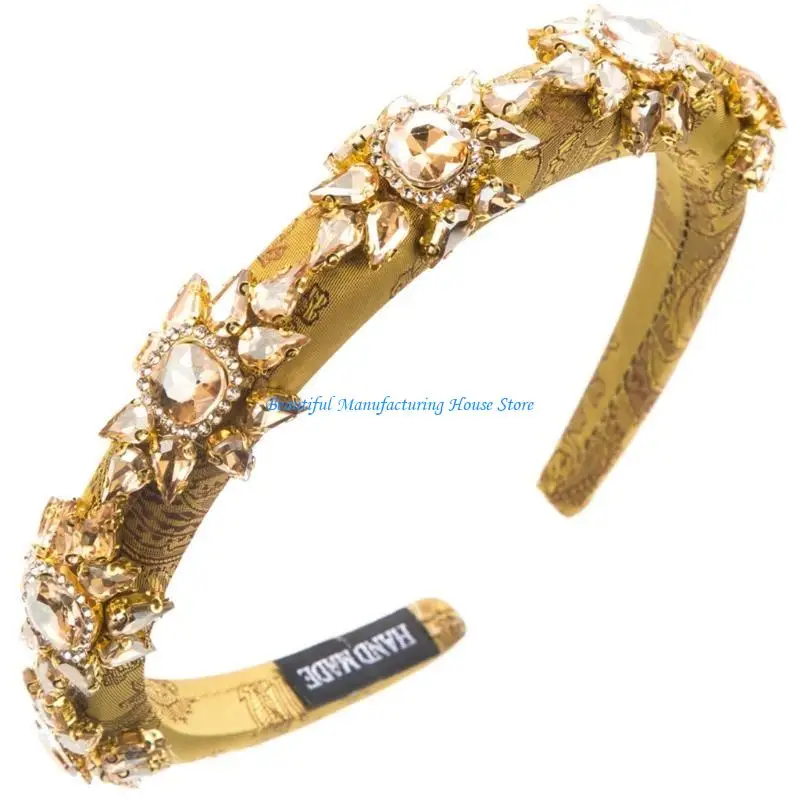 

E56A Elegant Embroidery Headband for Female Rhinestones Flower Hairband Wedding Hairhoop Nonslip Hairband Hair Decors