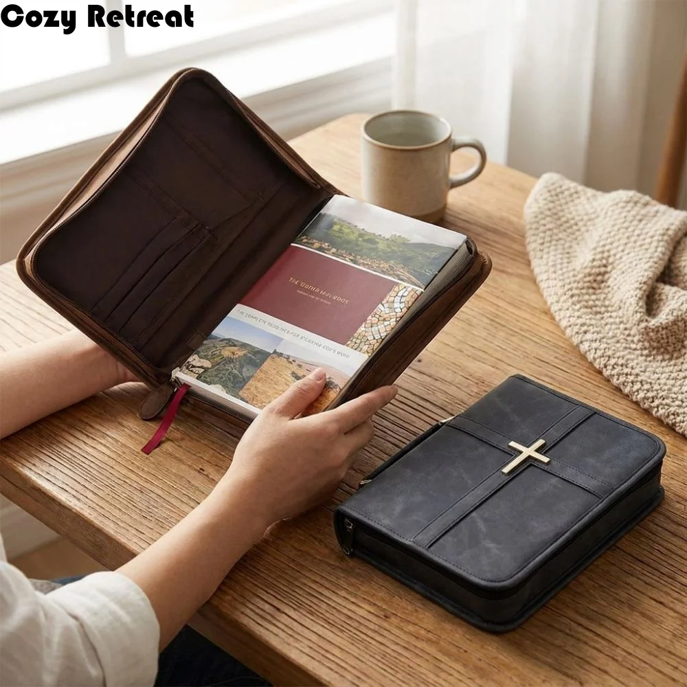 Cross-themed Vegan Leather Bible Cover with Phone Pocket Built-in Bookmark Ribbon Bible Carrying Case Dust-proof Religious Style