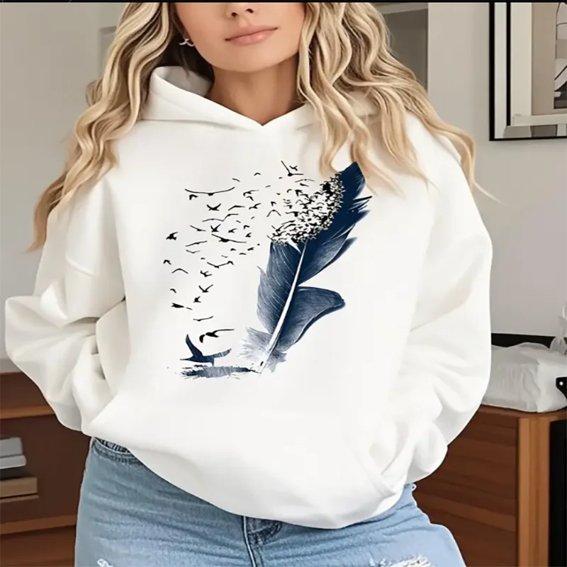 

Женская белая толстовка с капюшоном и перьями птицы, графический принт, повседневная негабаритная толстовка с капюшоном на шнурке для любителей природы, чистый хлопок