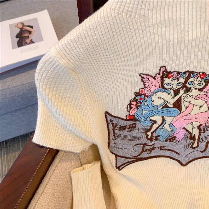 Detachable Long Sleeve Knitwear Women's Sweater Pullover Cartoon Embroidery Knit Jumper Female Sweater Soft Casual Sweater