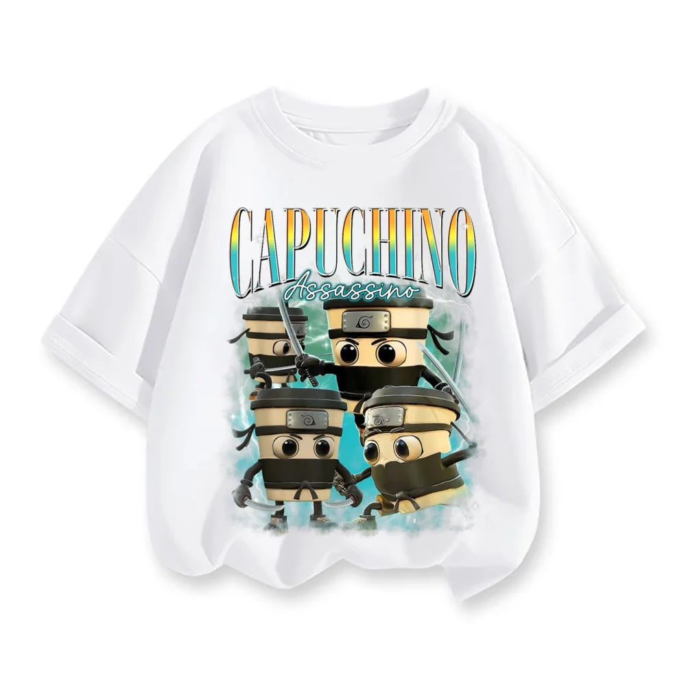 

Funnu Italian Brainrot Meme T Shirt Cappuccina Ballerina Print Kids T-shirts Cotton Summer Tops Children Girl Tops Tee Clothes