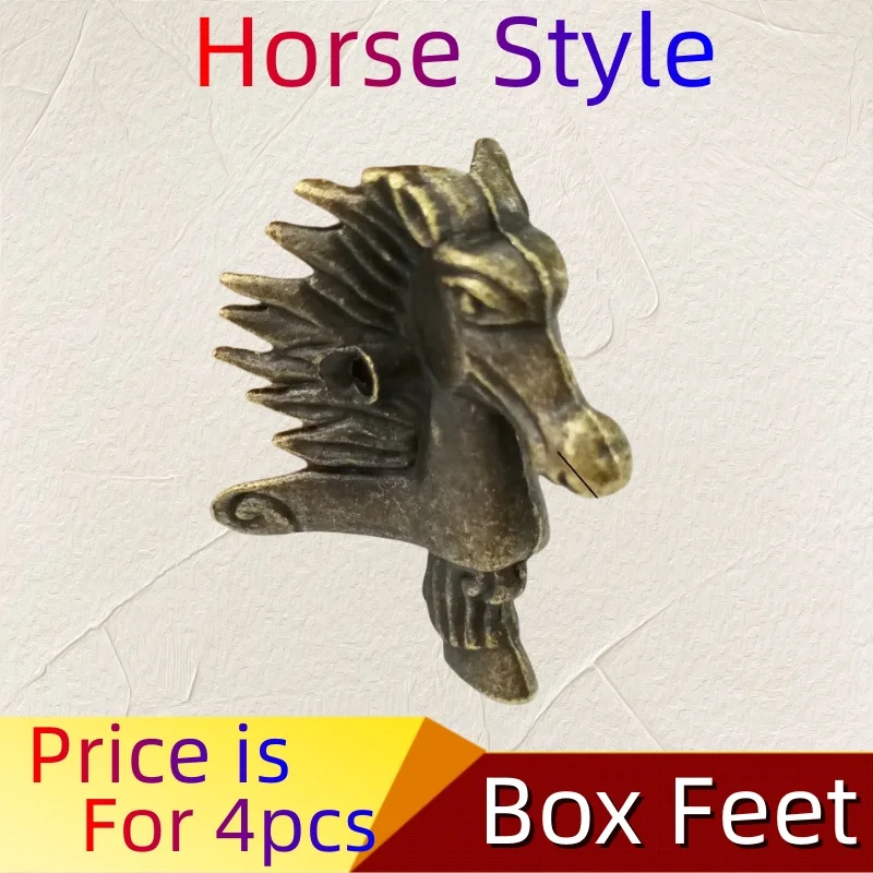 4pcs/Lot Box Feet Leg Brass Horse Head Antique Wood Corner Protector Decorative Bracket Bronze Furniture Hardware 39x24mm