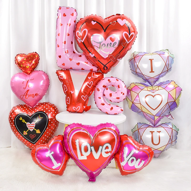 Love Heart Balloons I Love You Aluminium Foil Balloons Anniversary Decor Wedding Background Room Decor Valentine's Day Supplies