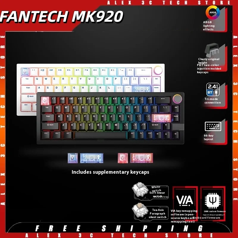 

FANTECH MK920 Mechanical Keyboard 2.4G Bluetooth5.3 1000Hz 3000mAh Battery Hot Swap 66 Keys ARGB Gaming Keyboard for MAC WINDOWS