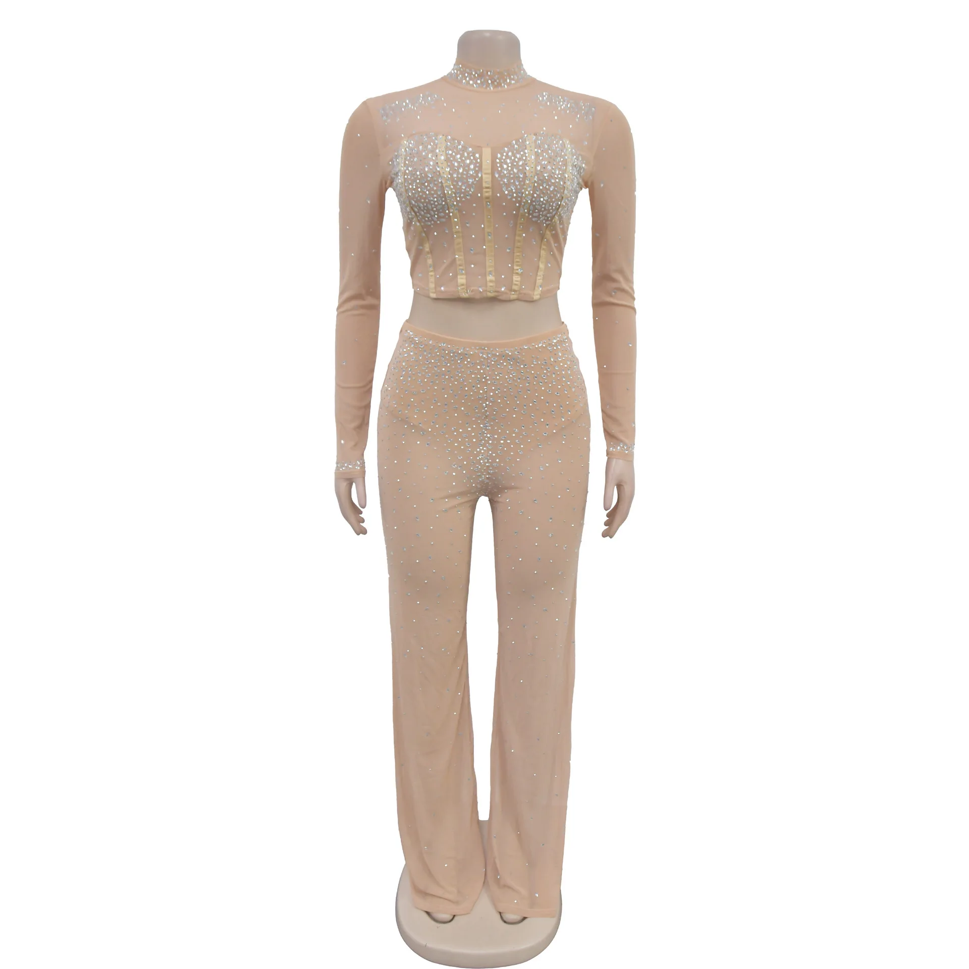 

Новая мода Сексуальная прозрачная однотонная рубашка-футляр с длинным рукавом и круглым вырезом с блестками + комплекты брюк длиной до пола, 2 цвета