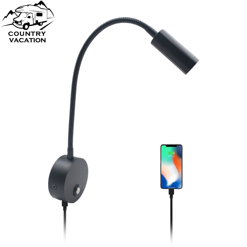 RV LED Reading Light 12V24V Touch Switch with USB Charging Port Wall Light 360 Degree Swivel Hose Lamp for Caravan Campervan 