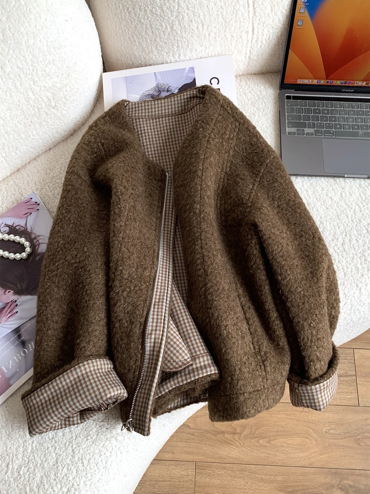 

Куртка из овечьей шерсти с круглым вырезом, в клетку, свободного кроя, на молнии, для мужчин и женщин, осенне-зимняя, винтажная, теплая, короткая верхняя одежда