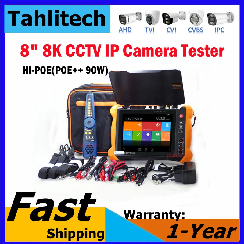 TOP Full Function IPC Tester X9-MOVTADHS Pro PoE++ 90W 8 inch 2K Retina Screen 8K H.265 IP CCTV Tester Cable Test
