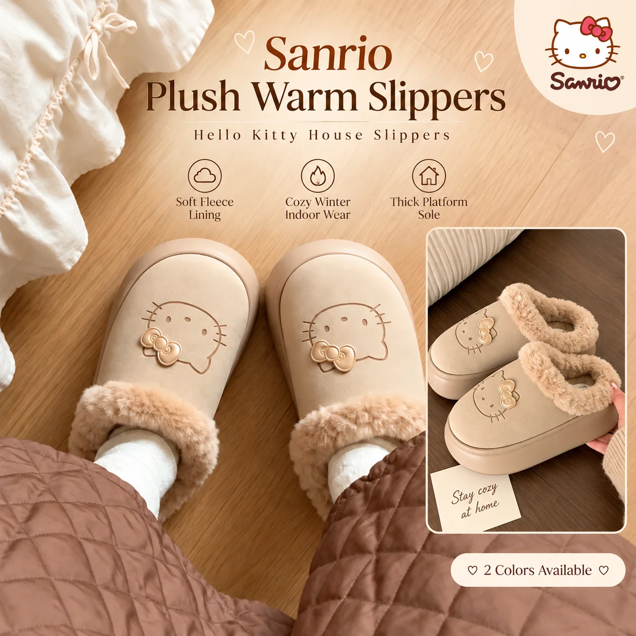 Sanrio HelloKitty Plush Autumn Winter Warm Slippers Vintage Style Thick Platform Anti‑Slip Sole House Shoes Outdoor Girls Gift