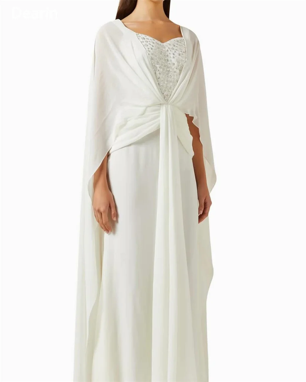 Robe de Soirée Formelle Personnalisée pour Femme, Jupe Trapèze, Longueur au Sol, Étole Drapée, Perles, sur Mesure