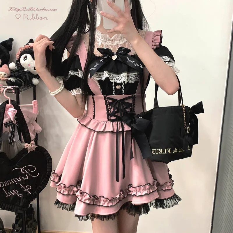 Summer Lolita Ribbon Tatt Lace Overall Skirt Women Subculture Japanese Jirai Kei Mine Style Y2k 2000s Casual Girly Belt Pinafore