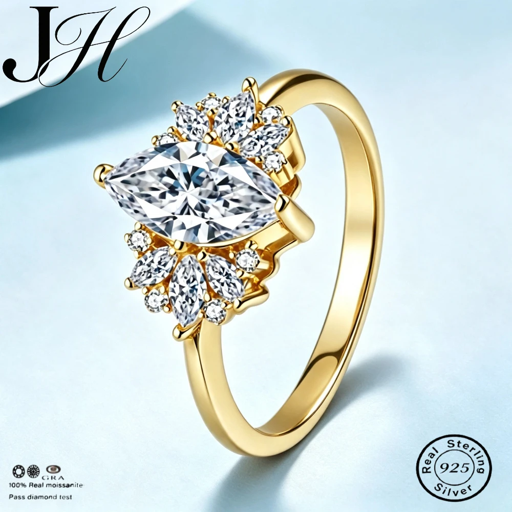 JH 1CT Marquise Moissanite Ring 925Sterling Silver Ring For Women Men D VVS1 Zircon Moissanite 18K Gold Plated Ring Fine Jewelry