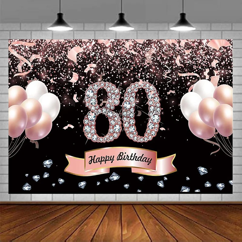 Photography Backdrop Rose Gold Sign Balloon Poster 80th Birthday Party Supplies 80th Anniversary Banner Photo Booth Background