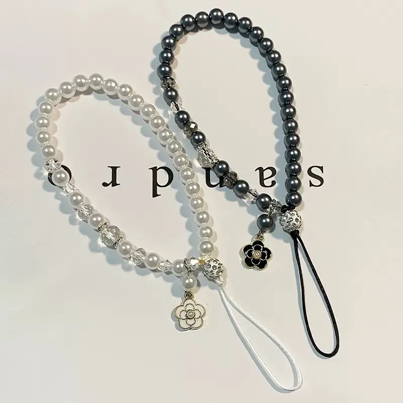 

Черно-белый ремешок для телефона с бусинами камелии, подвеска-цепочка с узлом, ремешок для мобильного телефона, брелок для женщин и девочек, сумка с камерой, подвеска для Airpods C