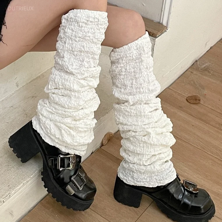 Women Solid Color Pleated Y2k Aesthetic Long Socks Japanese Autumn Grunge Fairy Leg Harajuku E-girl Gothic Emo Streetwear Sock