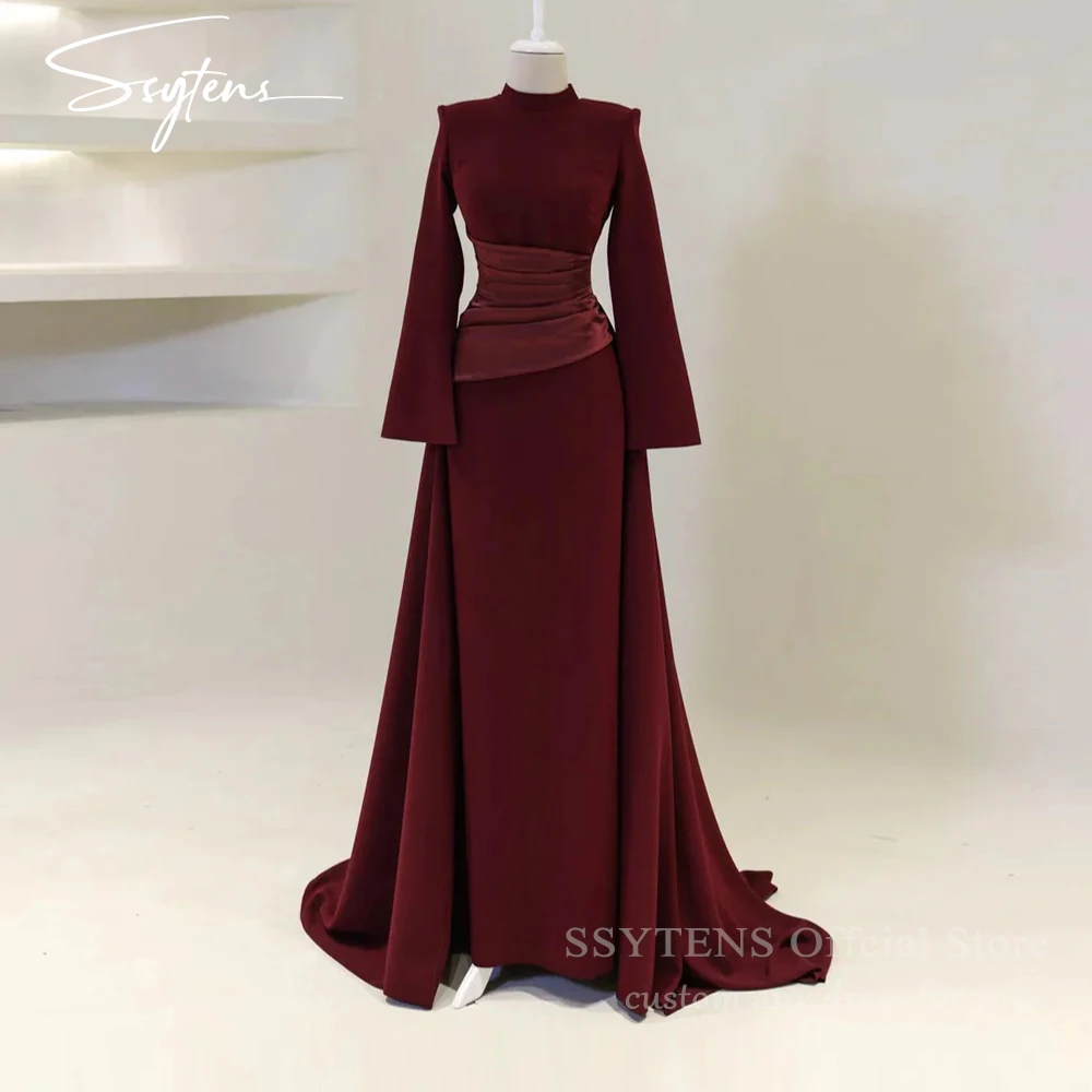 SSYTENS Elegant Burgundy Prom Dresses High-Neck Long Sleeves Mermaid Evening Dresses Muslim Satin Formal Gowns Dubai Customized