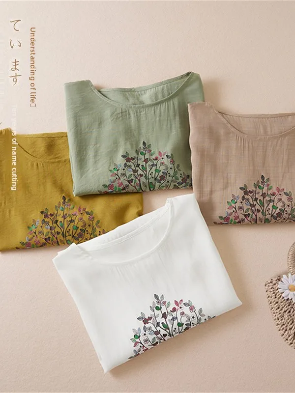 Sommer Casual Lose Baumwolle Leinen ort Sve runde Ne T-shirt frauen Top Vielseitig Bequem Große Größe Straße Sle