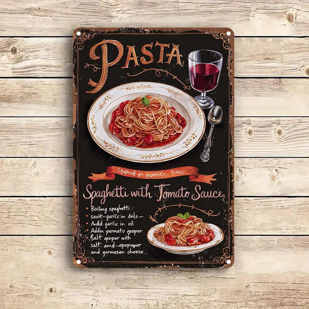 Vintage Metal Aluminum Sign Wall Art Decor, Spaghetti with Tomato Sauce Recipe Tin Plaque for Garden, Bedroom, Garage Decorativ