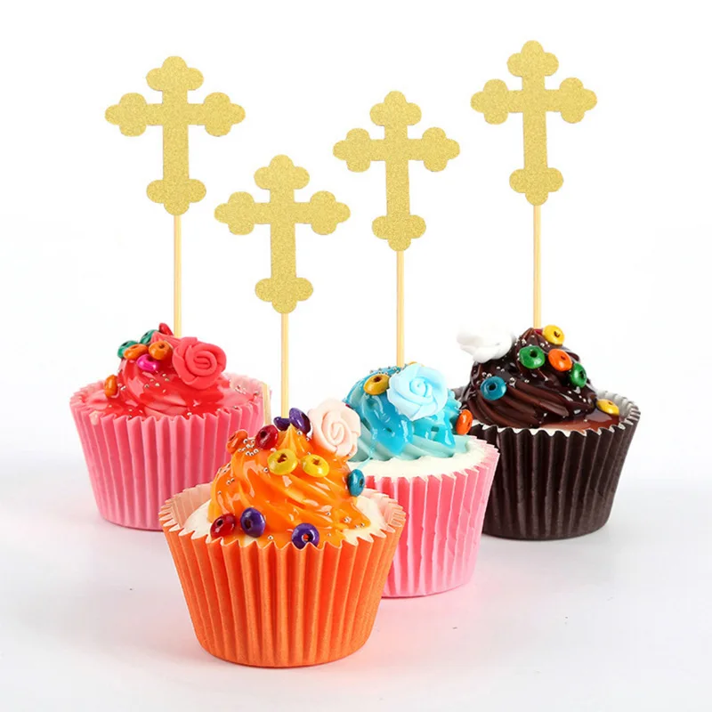 24Pcs Glitter 1/2 Birthday Cake Toppers Half Birthday Cupcake Toppers 6 Month Angel Cross Baby Shower Cake Decorations Supplies
