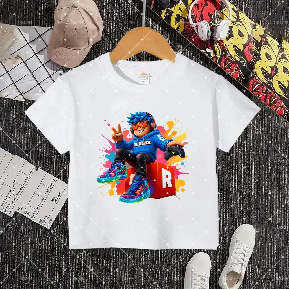 Camiseta Infantil de Gamer com Desenho de Headset e Controle de Jogo, Perfeita para Fãs do Roblox, Confortável e Estilosa