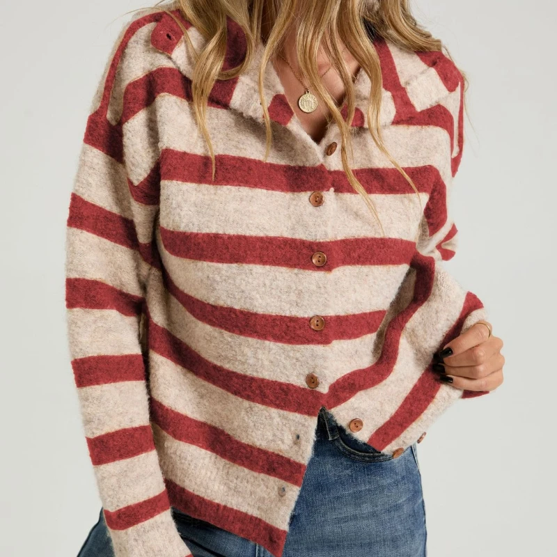 New in Casual Loose Cardigan for Women Autumn Long Sleeve Knitwear Y2K Outerwears Women's Fashion Stripes Sweater Female Top