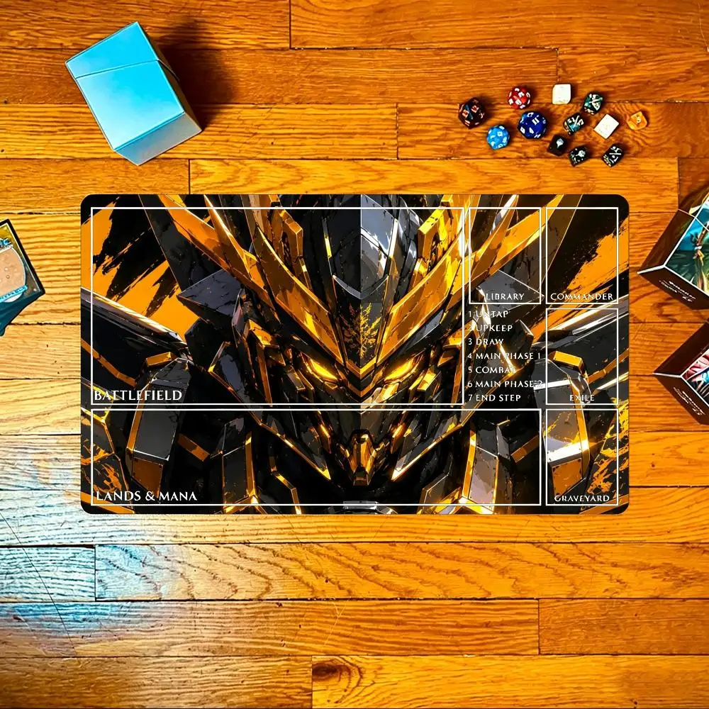 Golden Samurai Mecha Robot TCG Playmat 35X60CM Tabletop Trading Mat Non-Slip Durable Stitched Edge Three Templates Available