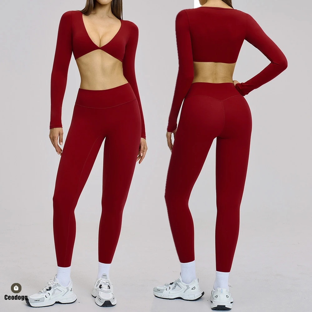 パッド-2-個長袖クロップトップスシャツヨガセットジムスポーツ服スポーツウェア女性フィットネスエクササイズレギンス衣装着用-xp275