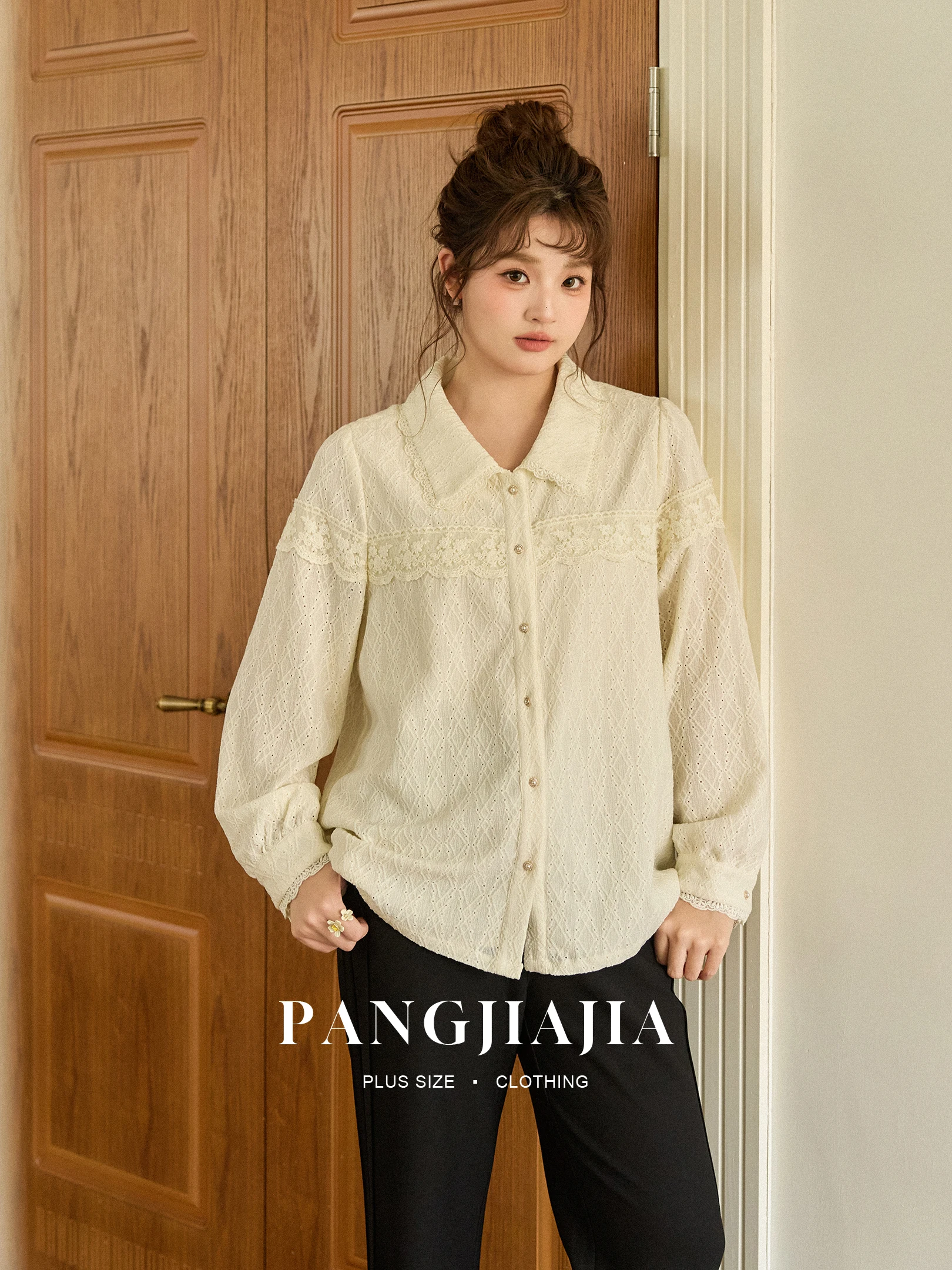 

plus Size Women's Lace Shirt Floral Trim Casual Style Long Sleeve Breathable Polyester Garden Secret Spring Fashion Ladies' C...
