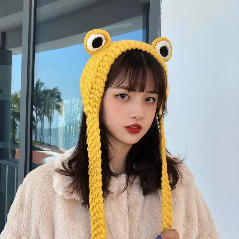 Yellow Frog Knitted Beanies Girl Fashion Cartoon Big Eye Frog Decorative Beanies Knitted Thick Hat Autumn Winter Cap Accessories