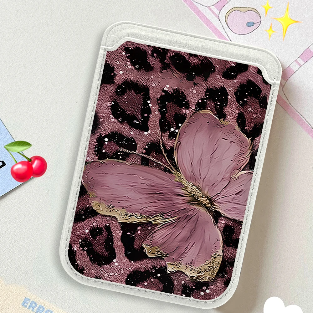 Leopard Print Bow Phone Card Bag Holder For Magsafe Magnetic Slim Wallet Back Pocket For iPhone 17 16 Pro For Samsung Case