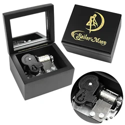 Rosiking Wooden Black Mirrored Clockwork Music Box Sailor Moon For Frends Girl Christmas and Children Birthday Gift