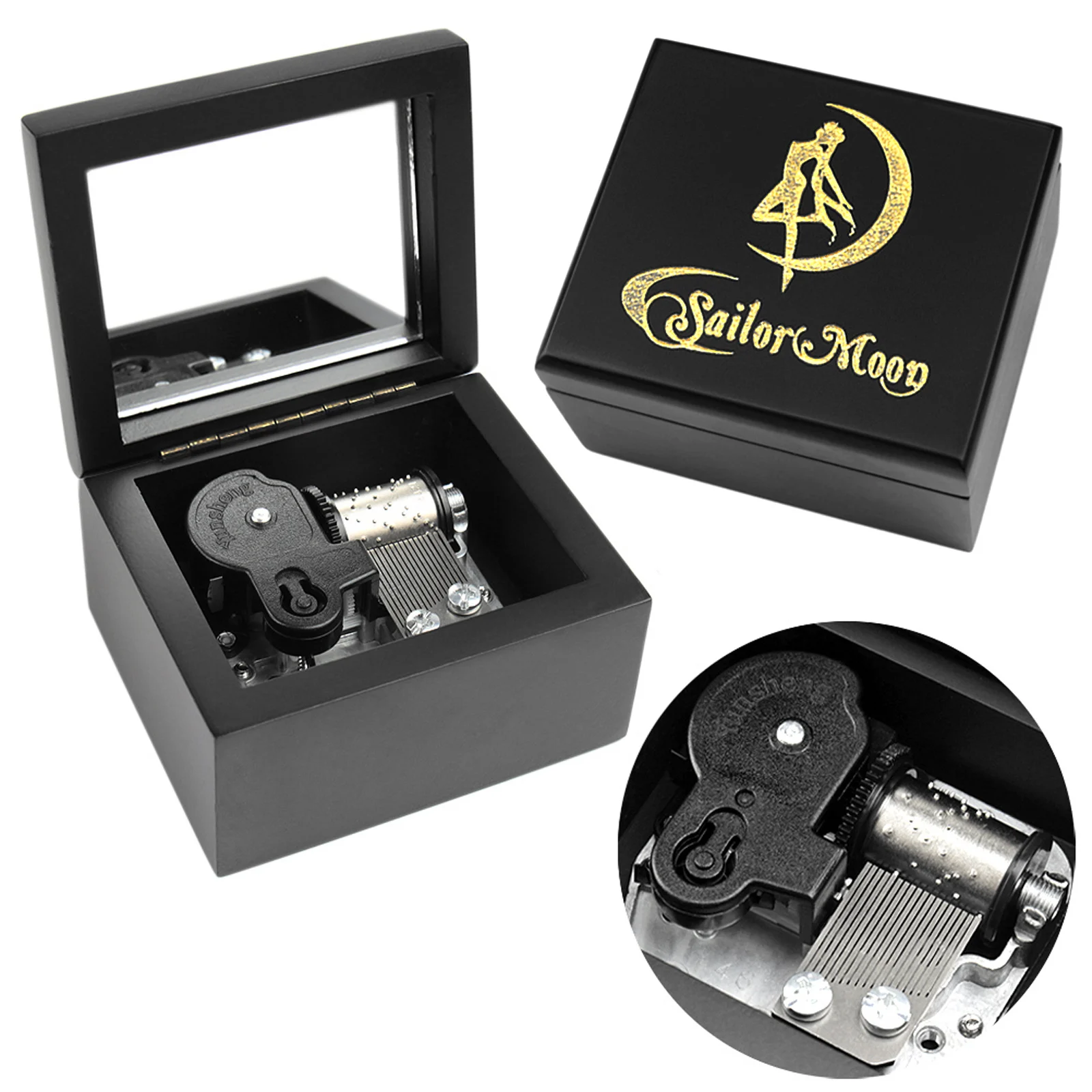 Rosiking Wooden Black Mirrored Clockwork Music Box Sailor Moon  For Frends Girl Christmas and Children Birthday Gift
