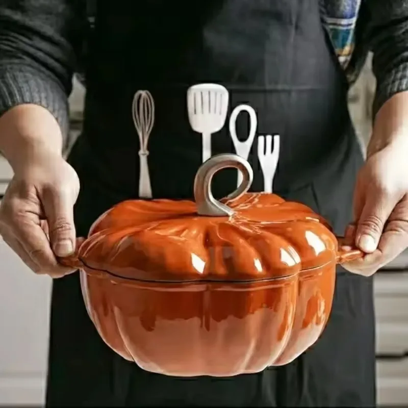 1.85L Enamel Coated Cast Iron Pumpkin Pot 9.8inch Non-Stick Casserole Compatible with All Heat Sources