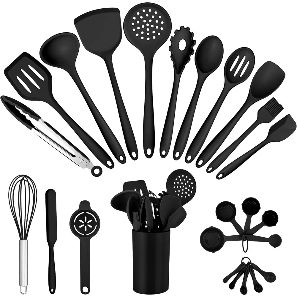 

e-far silicone cooking utensils set, 25 piece kitchen utensils with holder, non toxic kitchen tools spatula, turner, spoon, ladl
