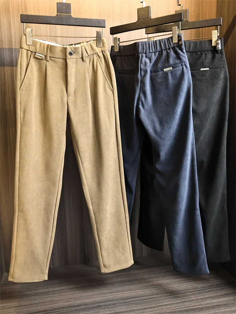 

Мужские однотонные фланелевые повседневные брюки, осенние теплые прямые длинные брюки, удобные, приятные для кожи, полиэфирное волокно
