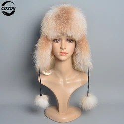 Winter Warm Ladies 100% Real Raccoon Fur Hat Russian Real Fox Fur Bomber Hats With Ear Flaps For Women Genuine Real Fox Fur Caps