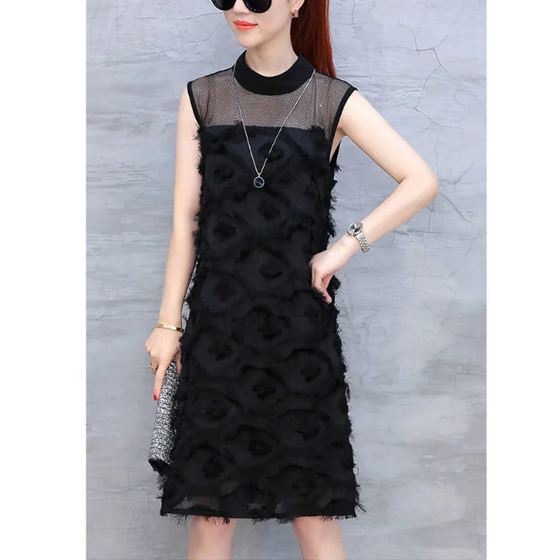 

Stylish O-Neck Spliced Loose Gauze Lace Up Bow Tassel Sleeveless Dress Female Clothing 2023 Summer New Office Lady Mini Dress