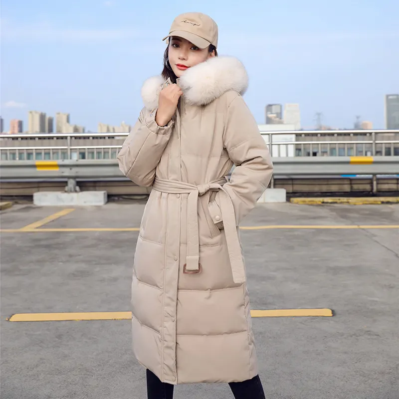 Parkas de pele de raposa com capuz para mulheres, jaqueta grossa, parka feminina acolchoada de algodão, outwear quente, cinto, novo, inverno, 2024