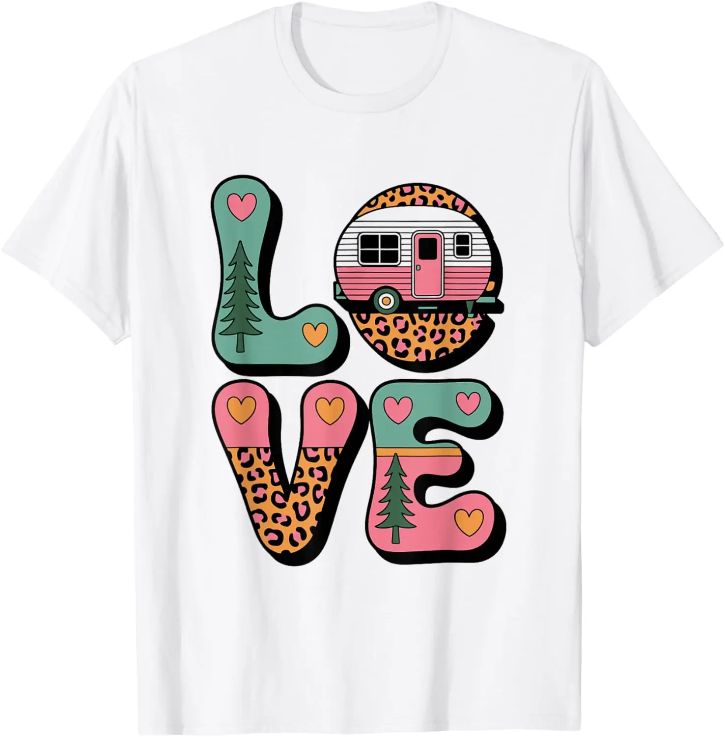 

Retro Camper Love Leopard Print Outdoor Graphic Tee Camping Enthusiast Leopard Print T-Shirt Casual Summer
