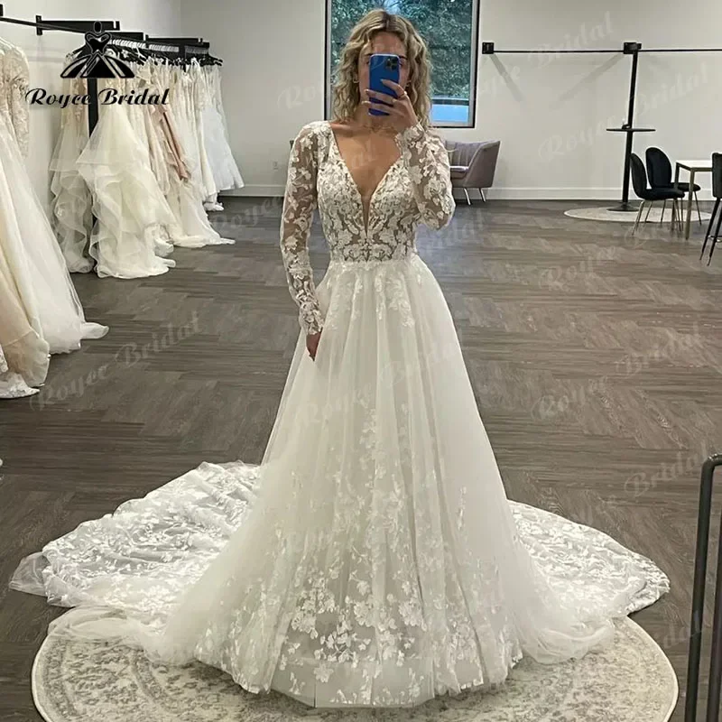 

2025 Luxury Vestidos De Novia Long Sleeve V Neck Deep V Neck Lace Appliques Wedding Dress for Women Robe Civil Boho Bridal Gowns