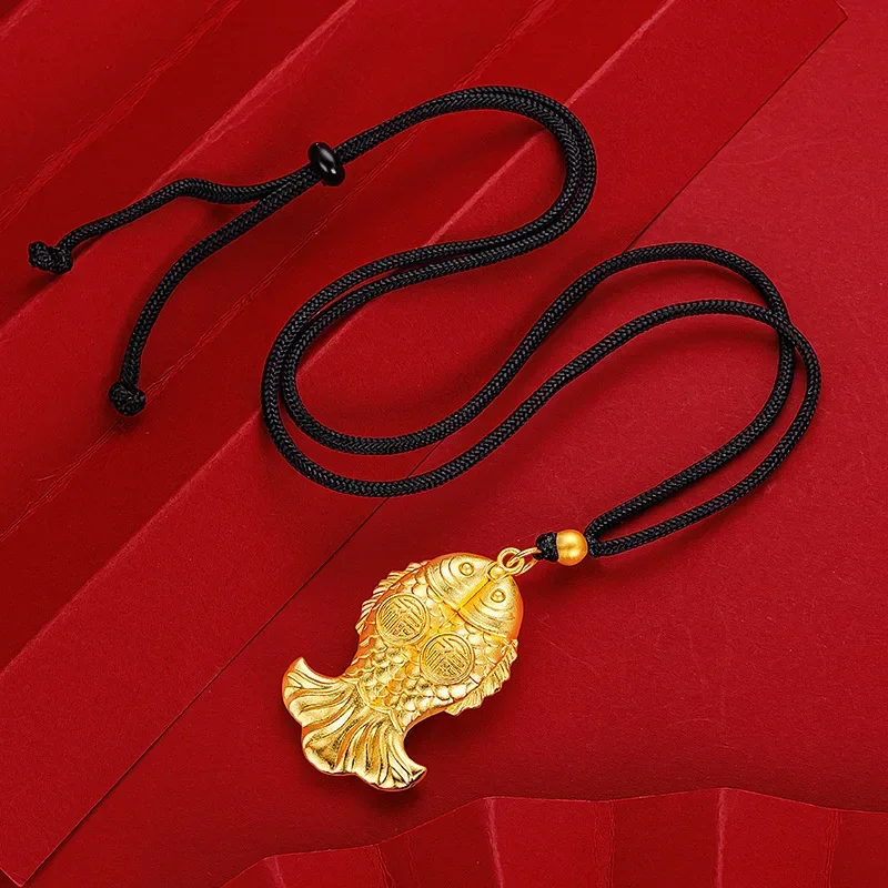 

9999 Real Gold 24K Ancient Gold Pisces Pendant Ethnic Style Gold Color Hollow Fu Character Carp Pendant