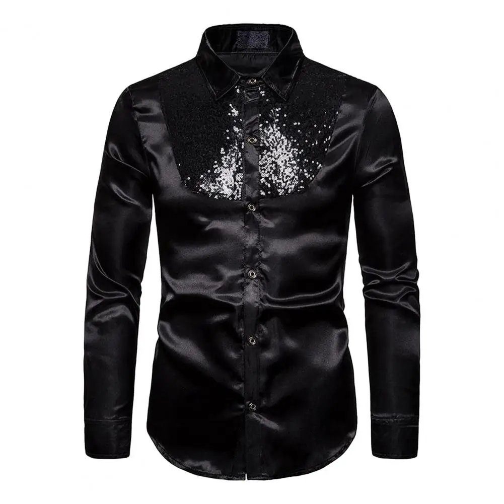 

Shiny Shirt Sequin Wedding Dress Shirt for Men Shiny Long Sleeve Button-down Slim Fit Business Top with England Style Sequin