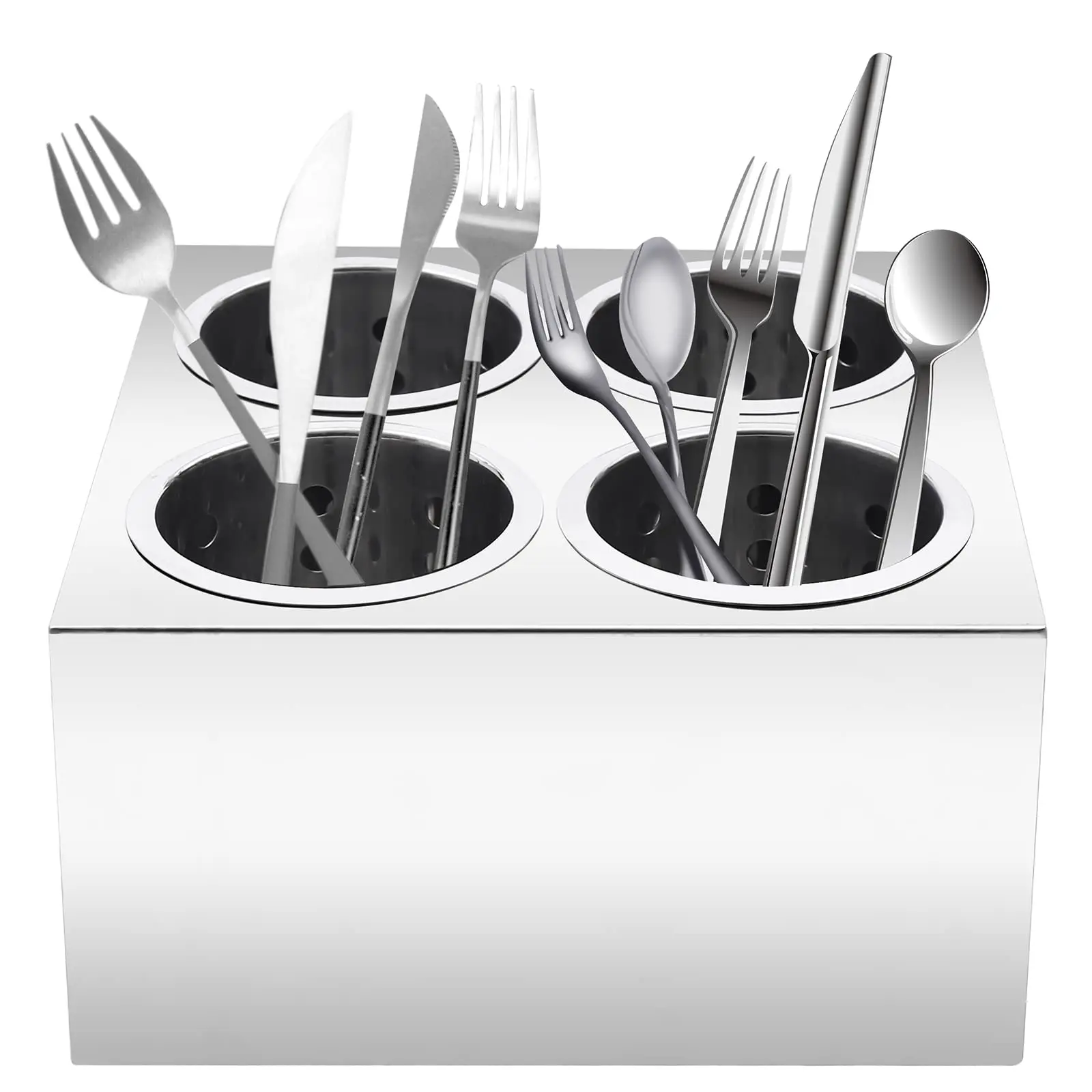 

Commercial 4-Hole Flatware Cylinder Holder with Cups, 4-Compartment Stainless Steel Cylinder Flatware Silverware Caddy Utensil H