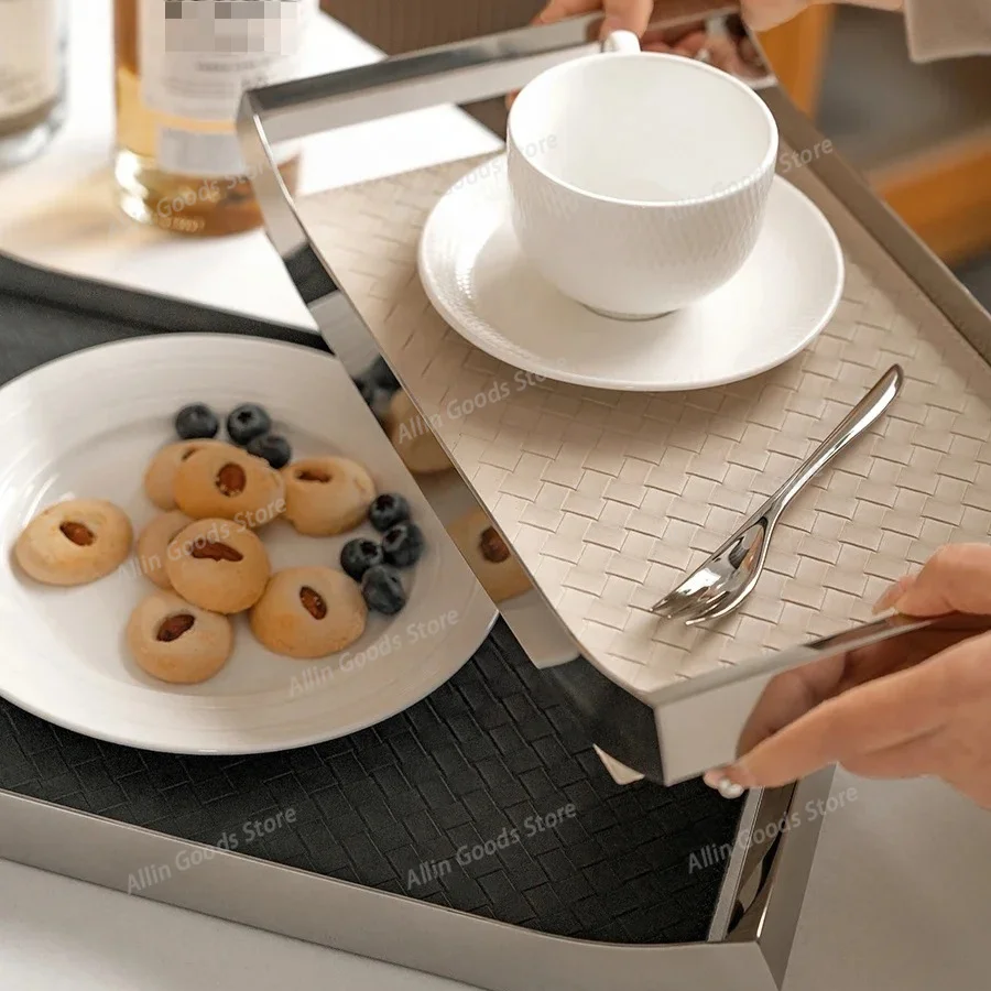 European Stainless Steel Leather Jewelry Tray, Tabletop Aroma Decor Storage Plate Household Decorative Tray